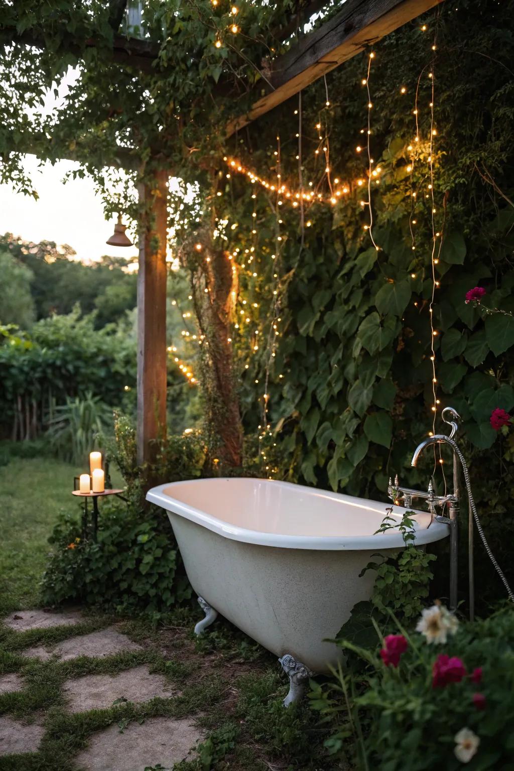 A rustic outdoor bathtub set amidst lush greenery and twinkling lights.