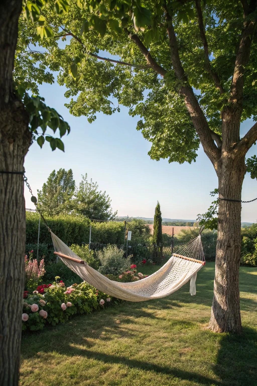 A relaxing hammock spot nestled between trees in a peaceful garden.