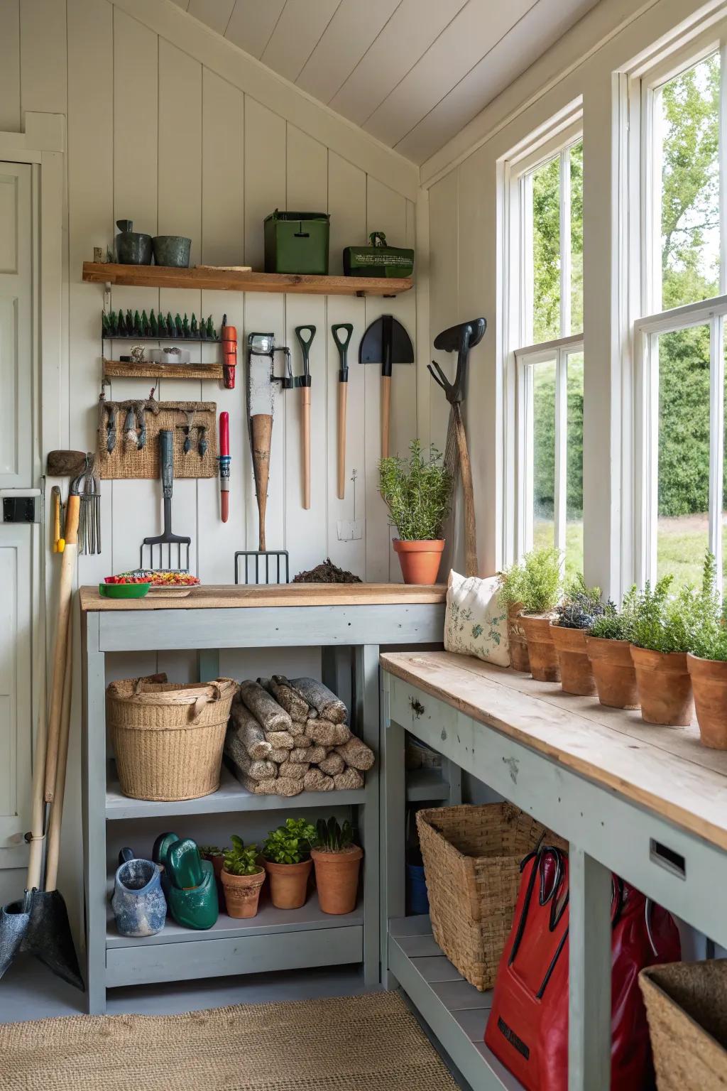 A shared tool shed, neatly organized with essential gardening tools.