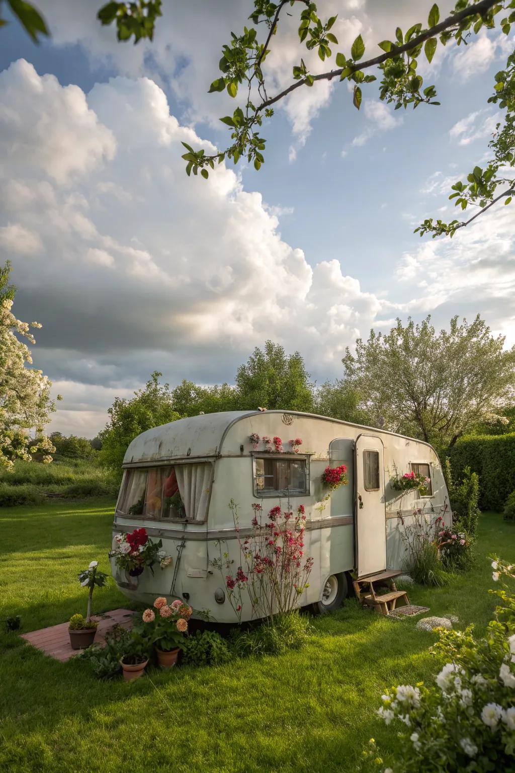 A quaint vintage trailer nestled in a green backyard.