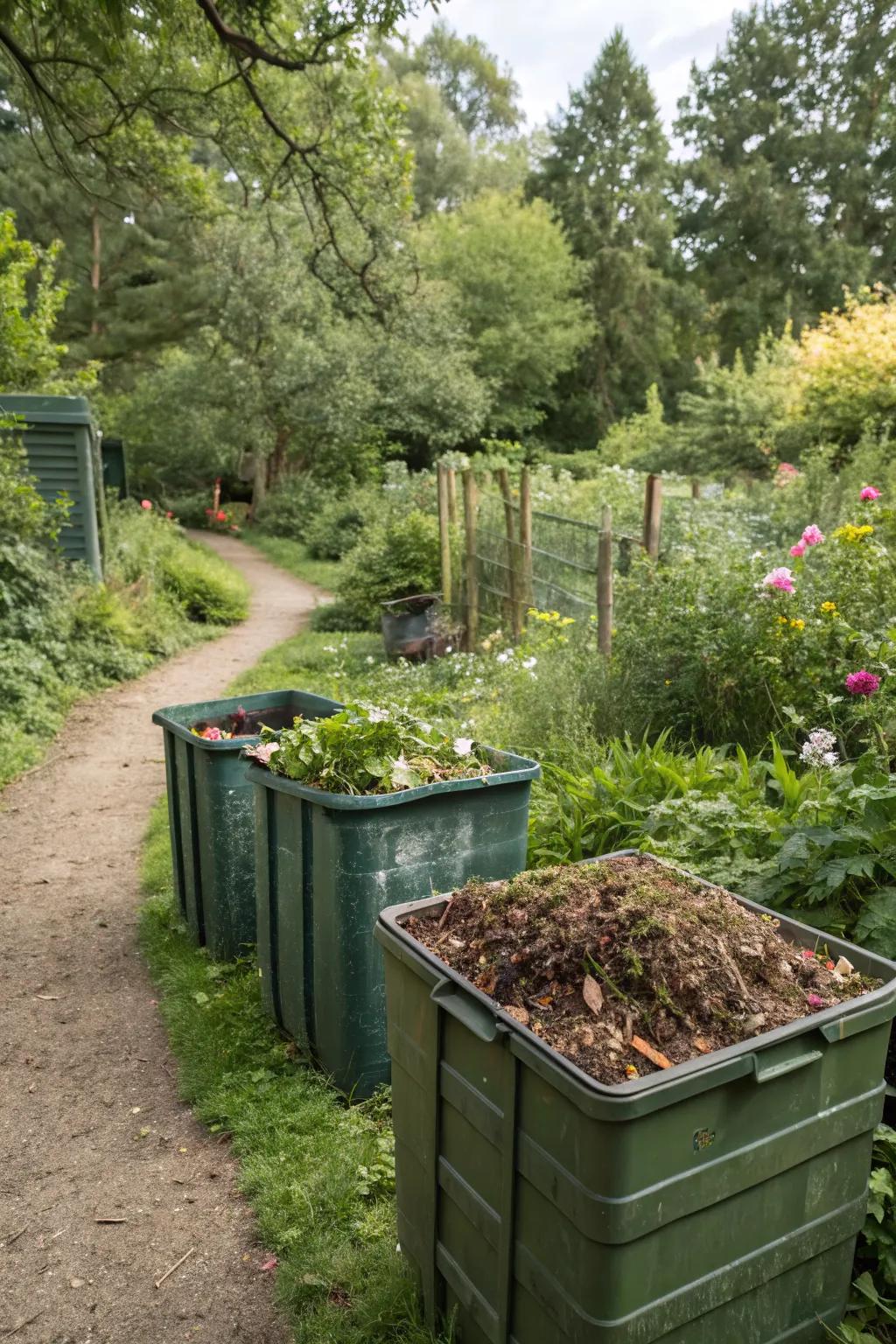 A tidy compost corner with bins ready to turn waste into rich soil.