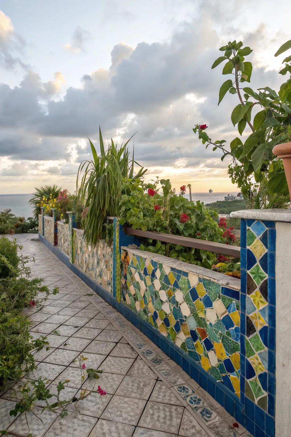 Mosaic fences add color and creativity with recycled tiles.