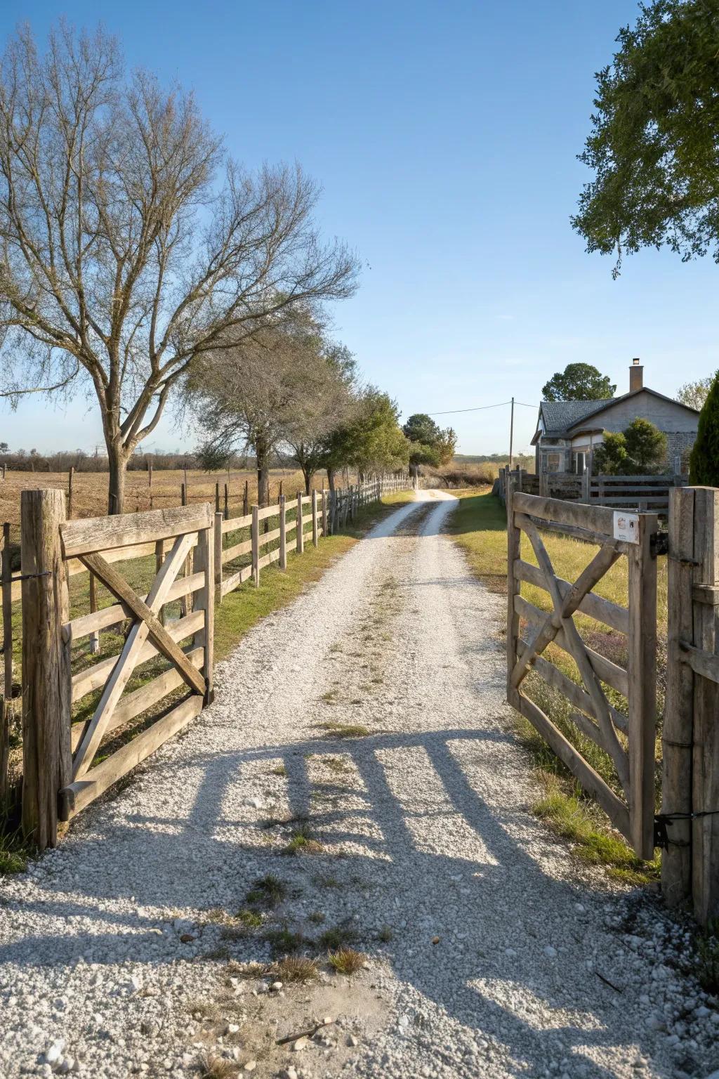 A welcoming wooden gate adds charm and privacy to the driveway.