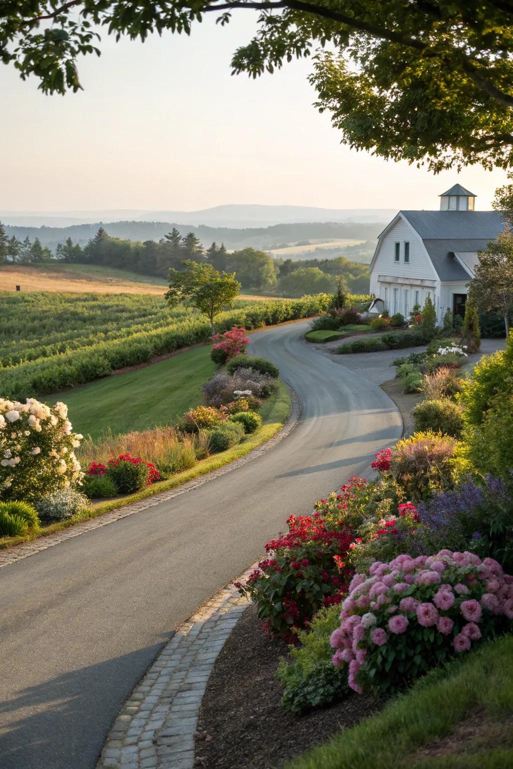 A gracefully curved driveway surrounded by lush greenery.