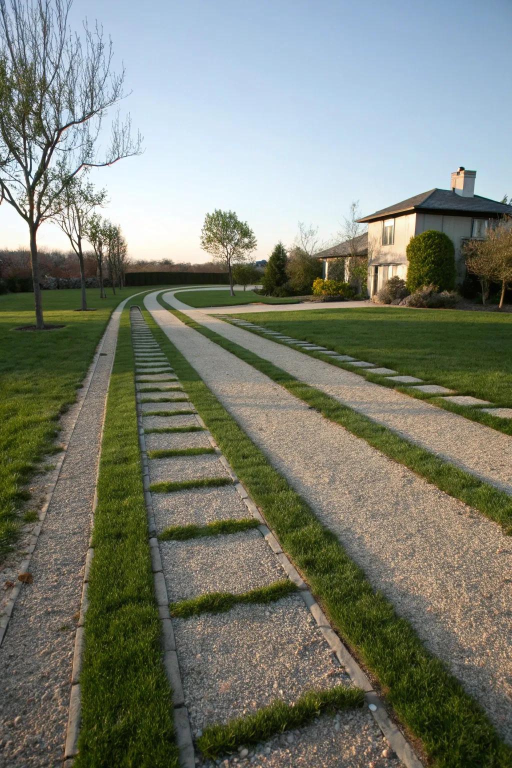 A vintage ribbon driveway with charming grass strips.