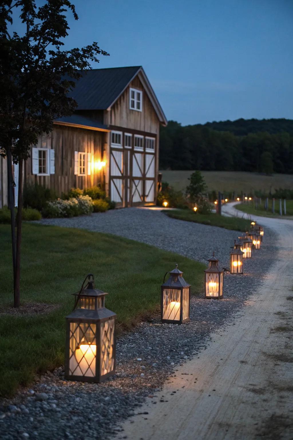 Charming lanterns casting a warm glow on the driveway.