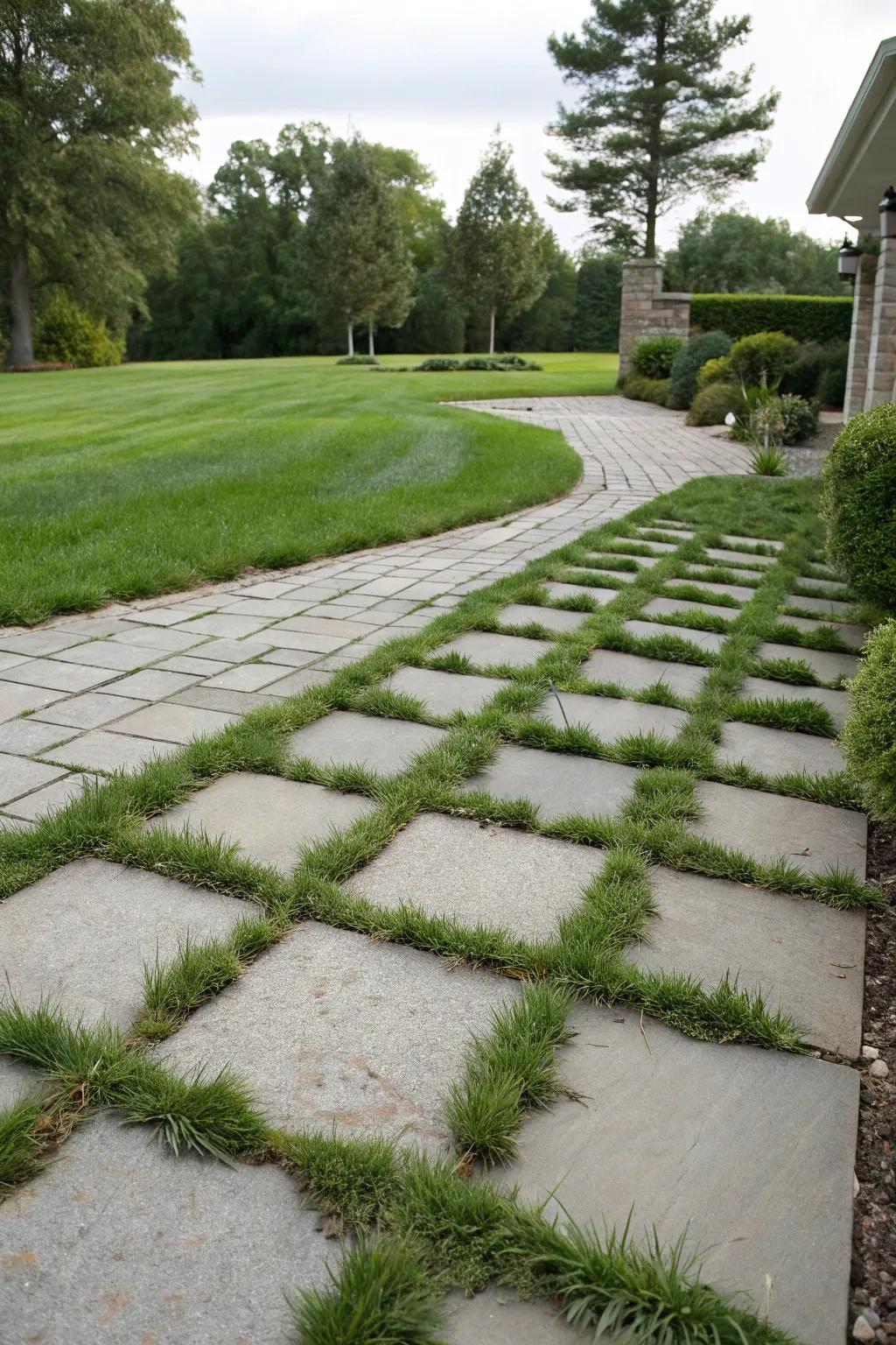A green and eco-friendly driveway with grass-jointed pavers.