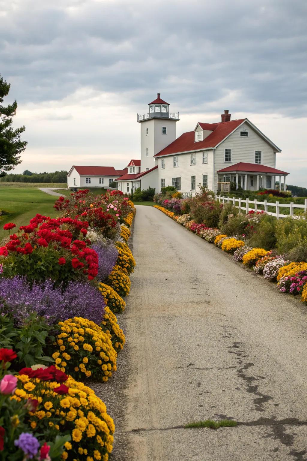 Vibrant flower beds lining a farmhouse driveway, inviting nature's visitors.