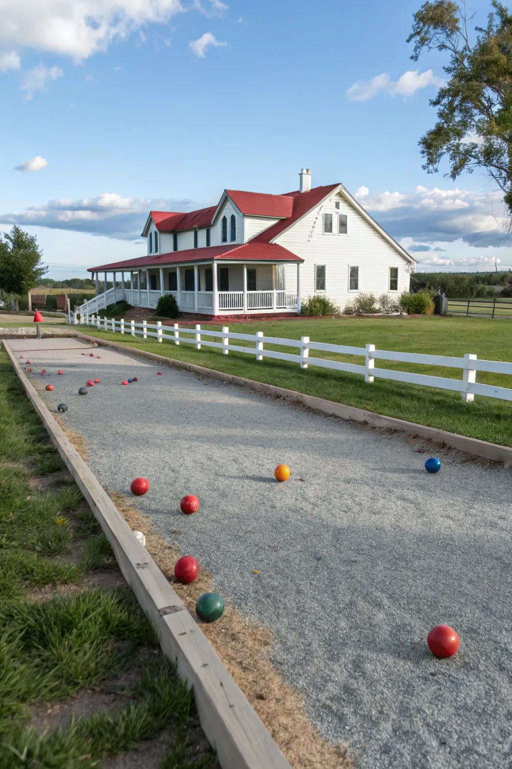 A functional bocce ball court integrated into a farmhouse driveway.
