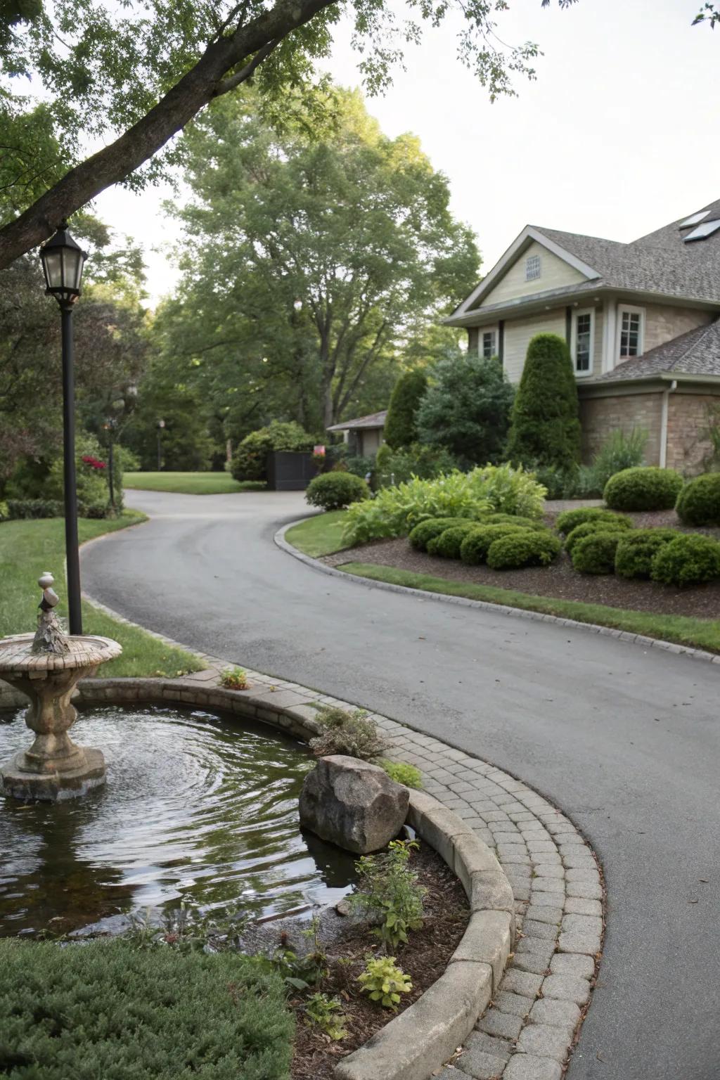 A calming water feature complementing the driveway's elegance.