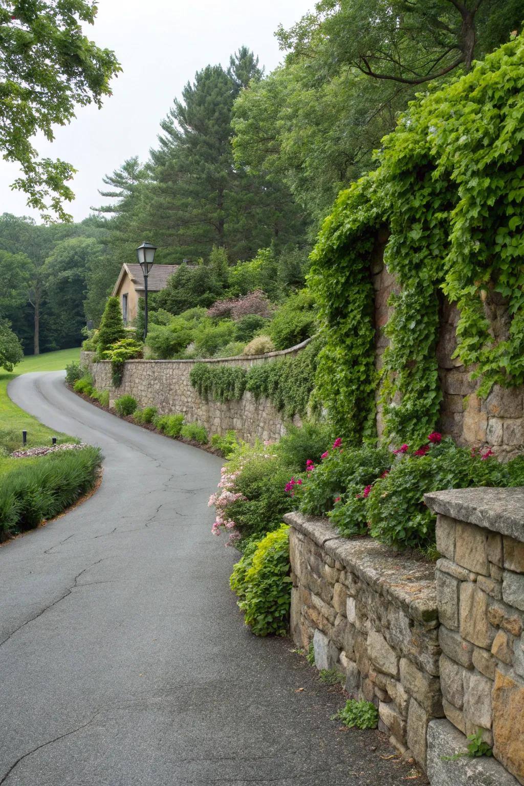 Sophisticated stone retaining walls framing a charming driveway.