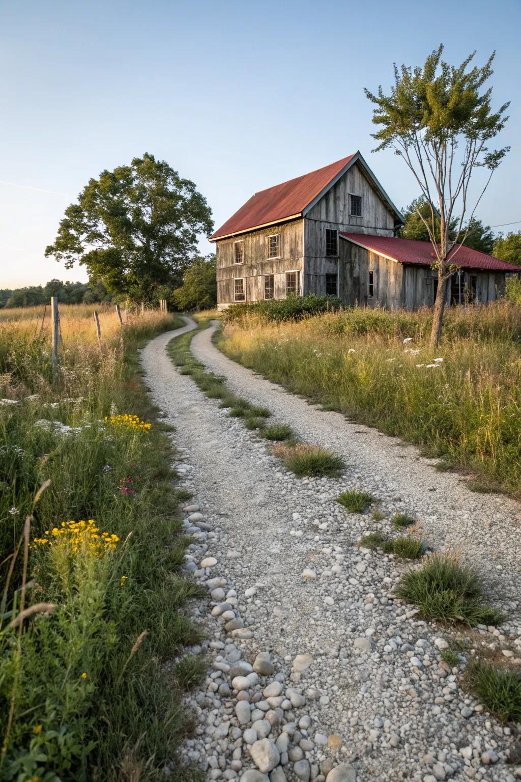 A rustic driveway with a timeless gravel and stone combination.