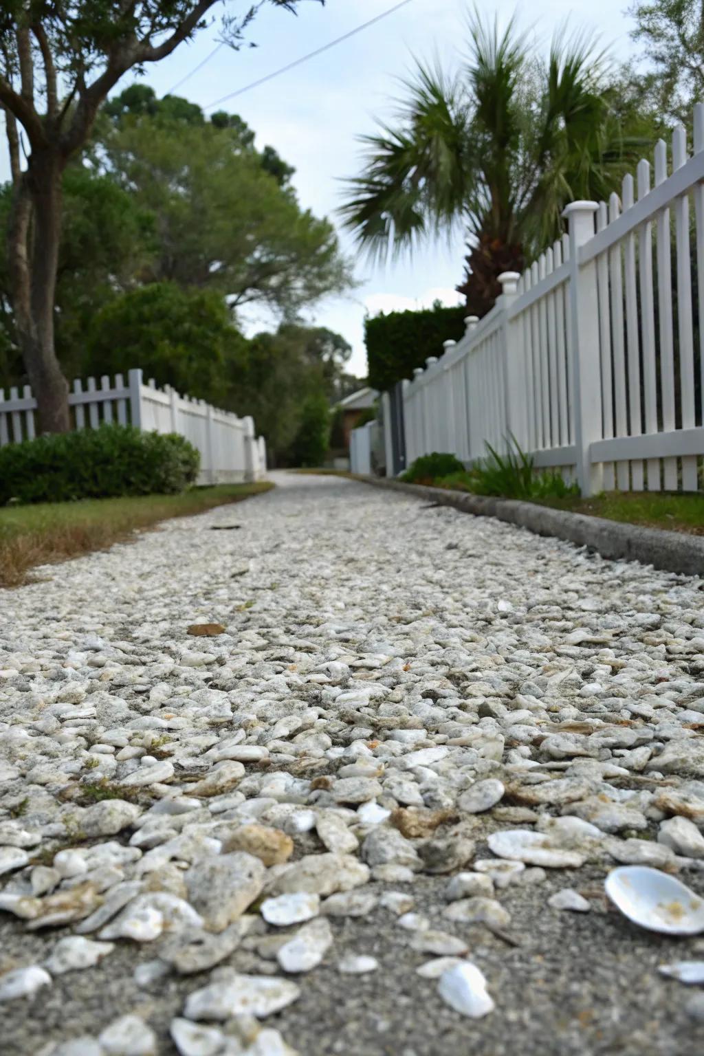 A unique driveway made of crushed oyster shells, perfect for coastal vibes.