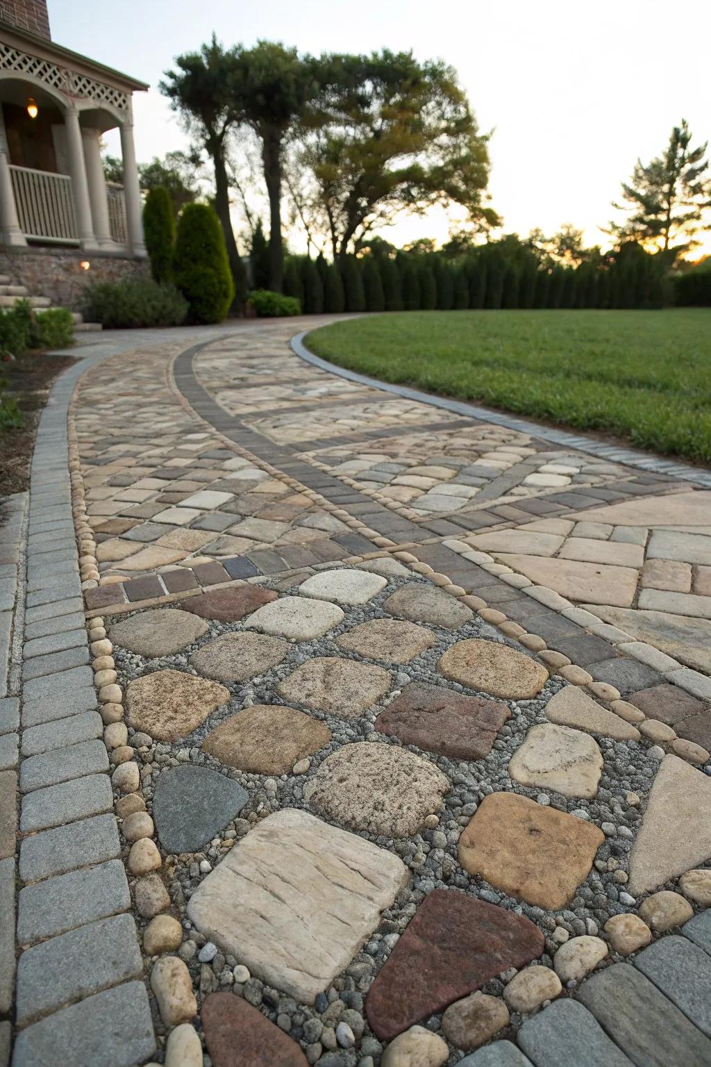 A colorful and textured driveway with mixed stone tiles.