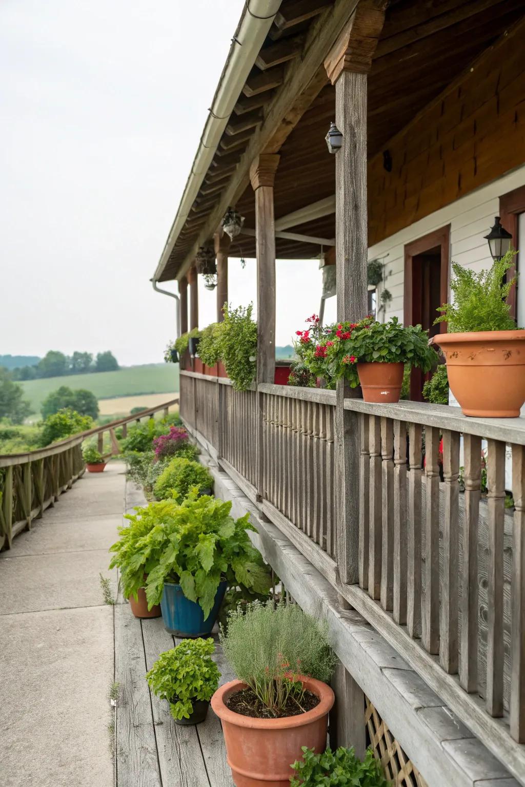 Classic railings enhance the farmhouse vibe.