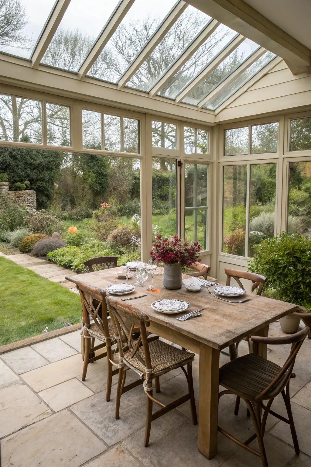 A charming dining space surrounded by nature.