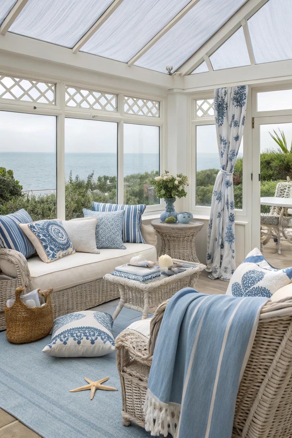 A serene coastal retreat in an orangery.