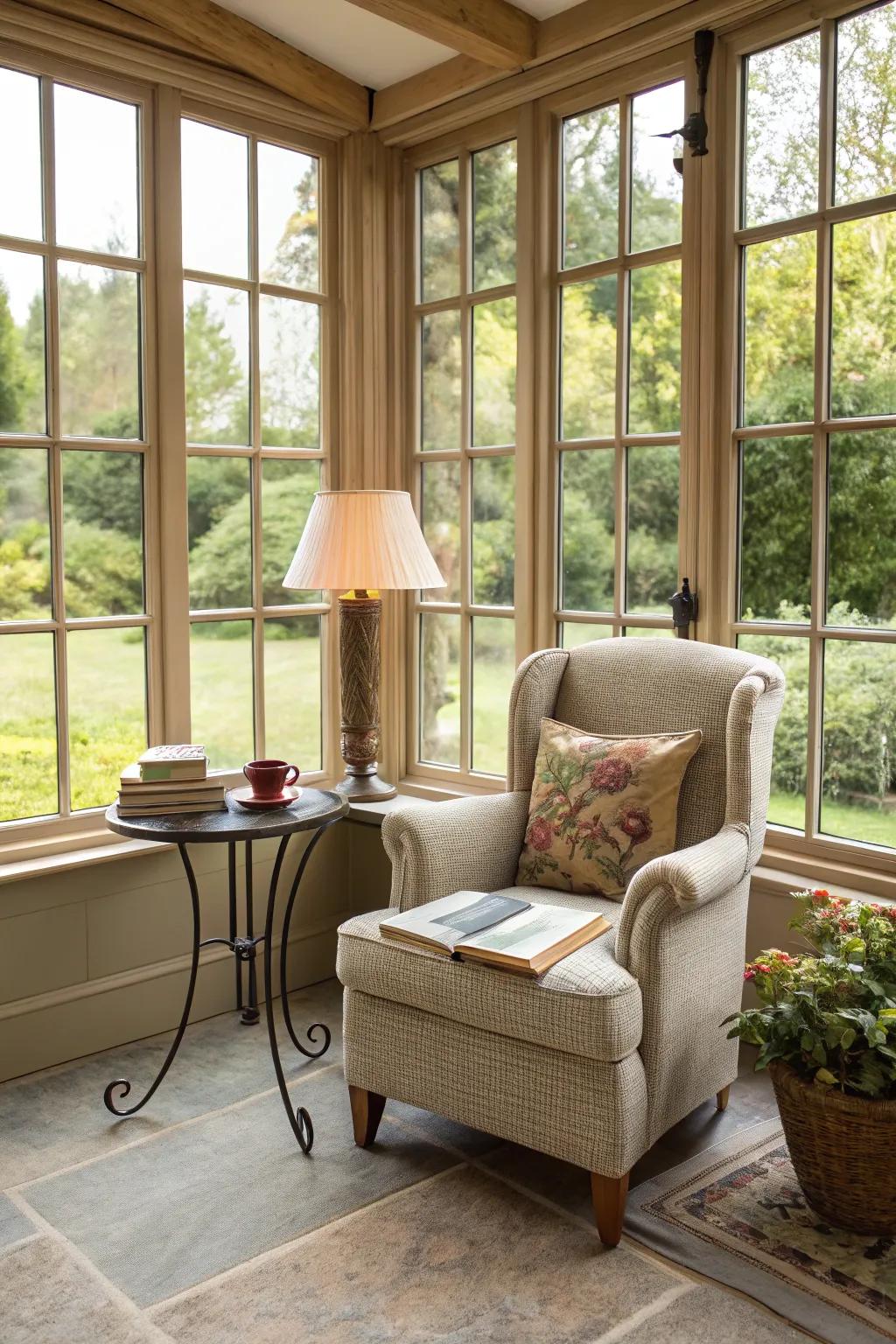 A cozy reading nook bathed in natural light.
