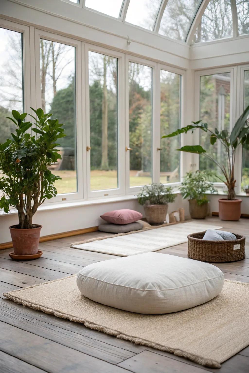 A peaceful zen meditation space in an orangery.