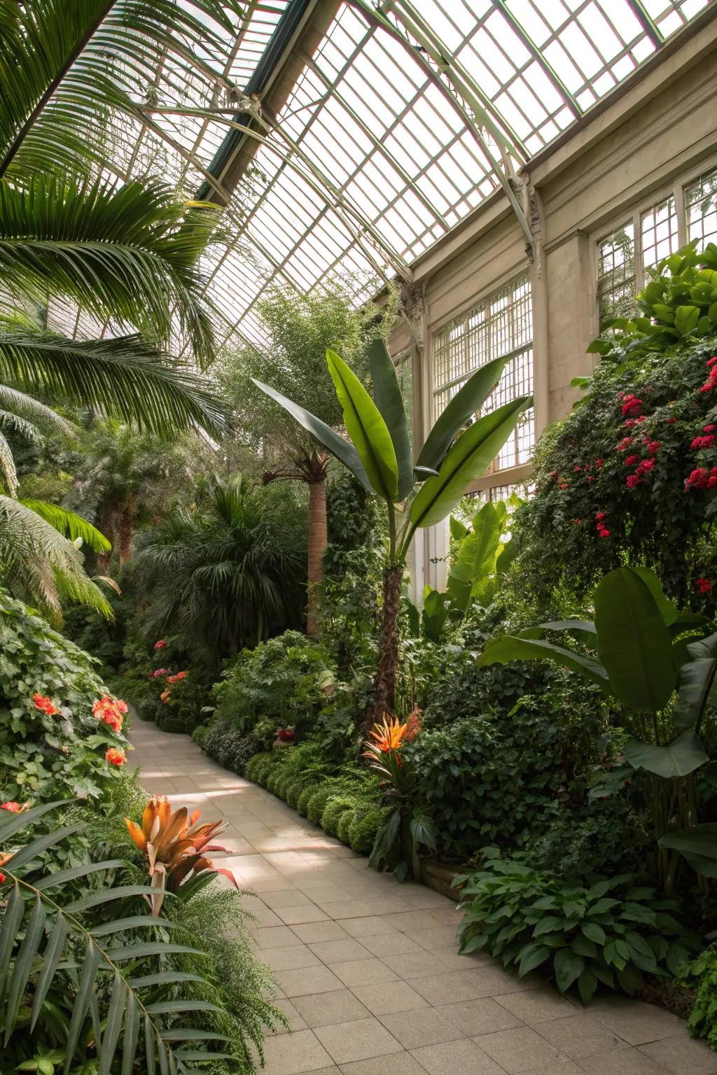 A vibrant indoor jungle in an orangery.