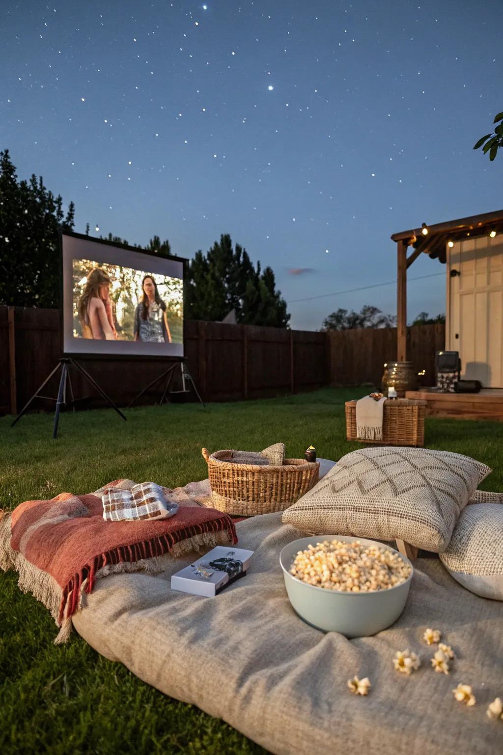 An outdoor movie night adds magic to your backyard campout.