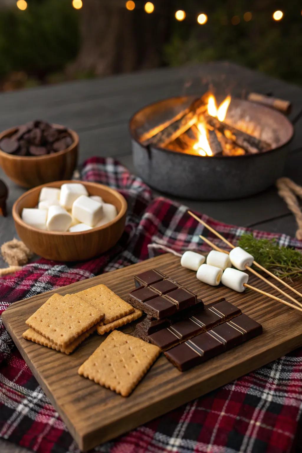 A s'mores bar is a delicious highlight of any camping party.