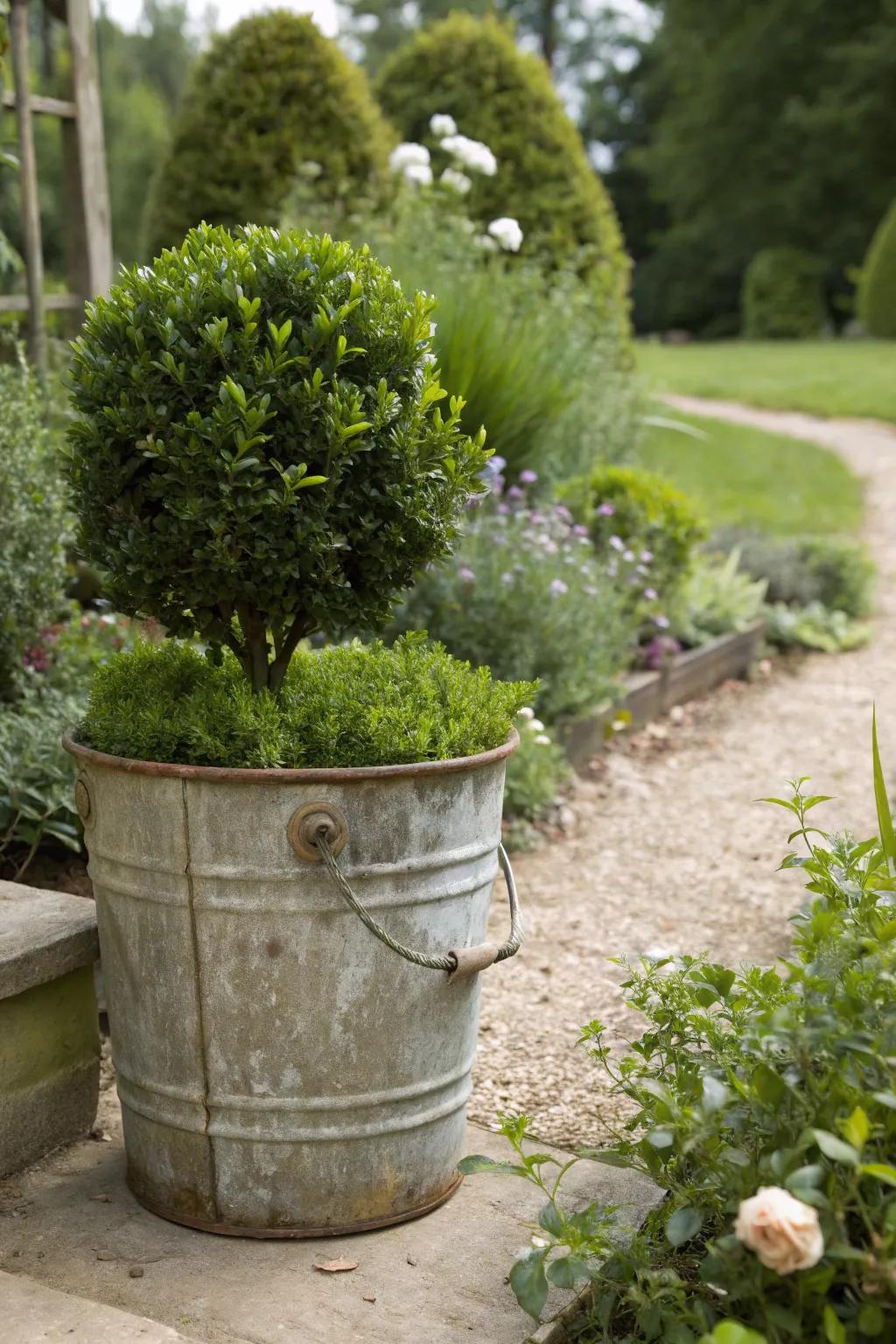 Unique containers give boxwoods a whimsical flair.