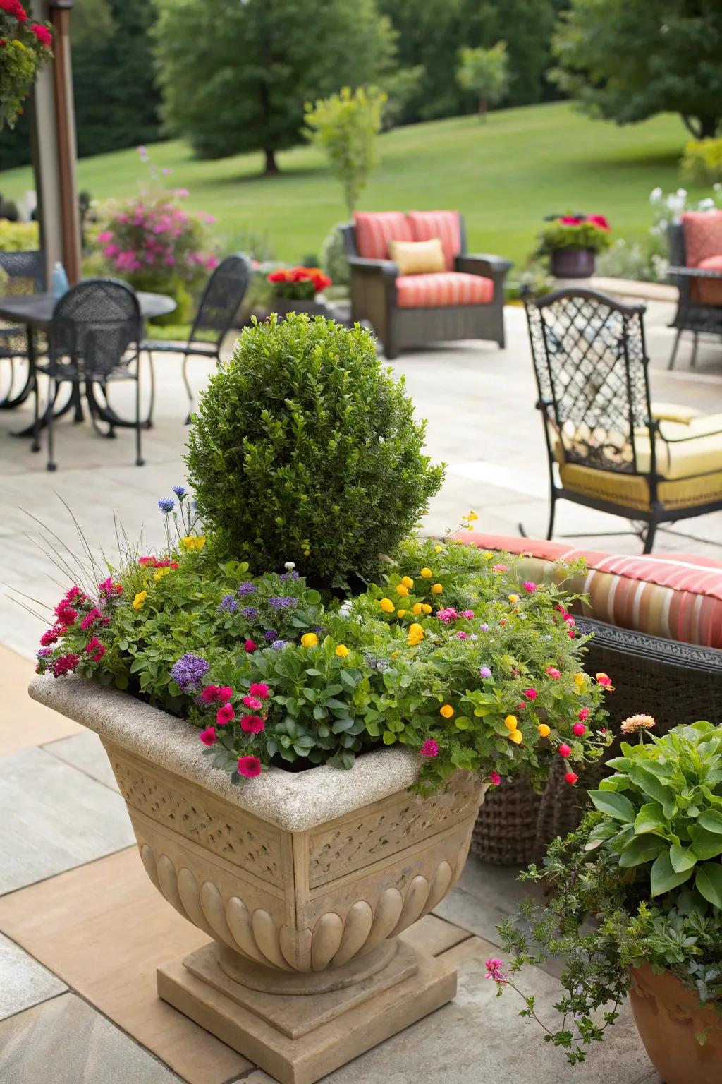 Mixed planters with boxwoods and flowers add color and interest.