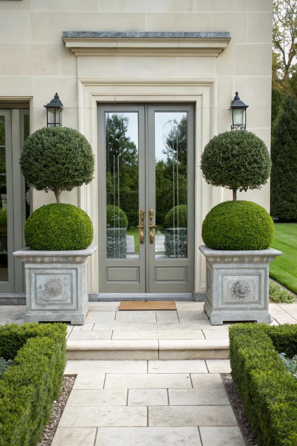 Symmetrical boxwoods create a welcoming entryway.
