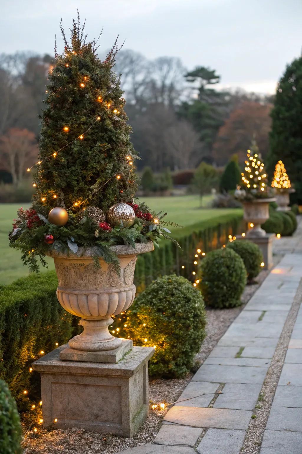 Seasonal decor keeps boxwood planters fresh and festive.
