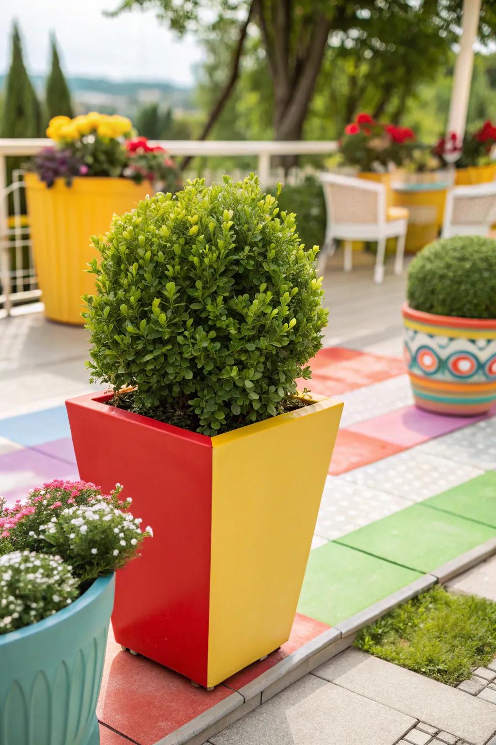 Bold planters create eye-catching contrast with boxwoods.