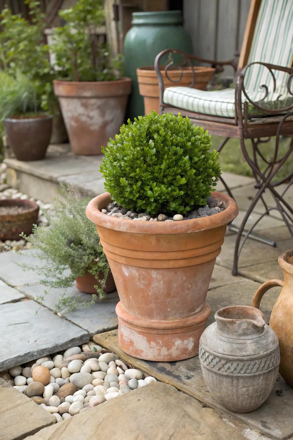Terracotta planters offer a classic charm when paired with boxwoods.