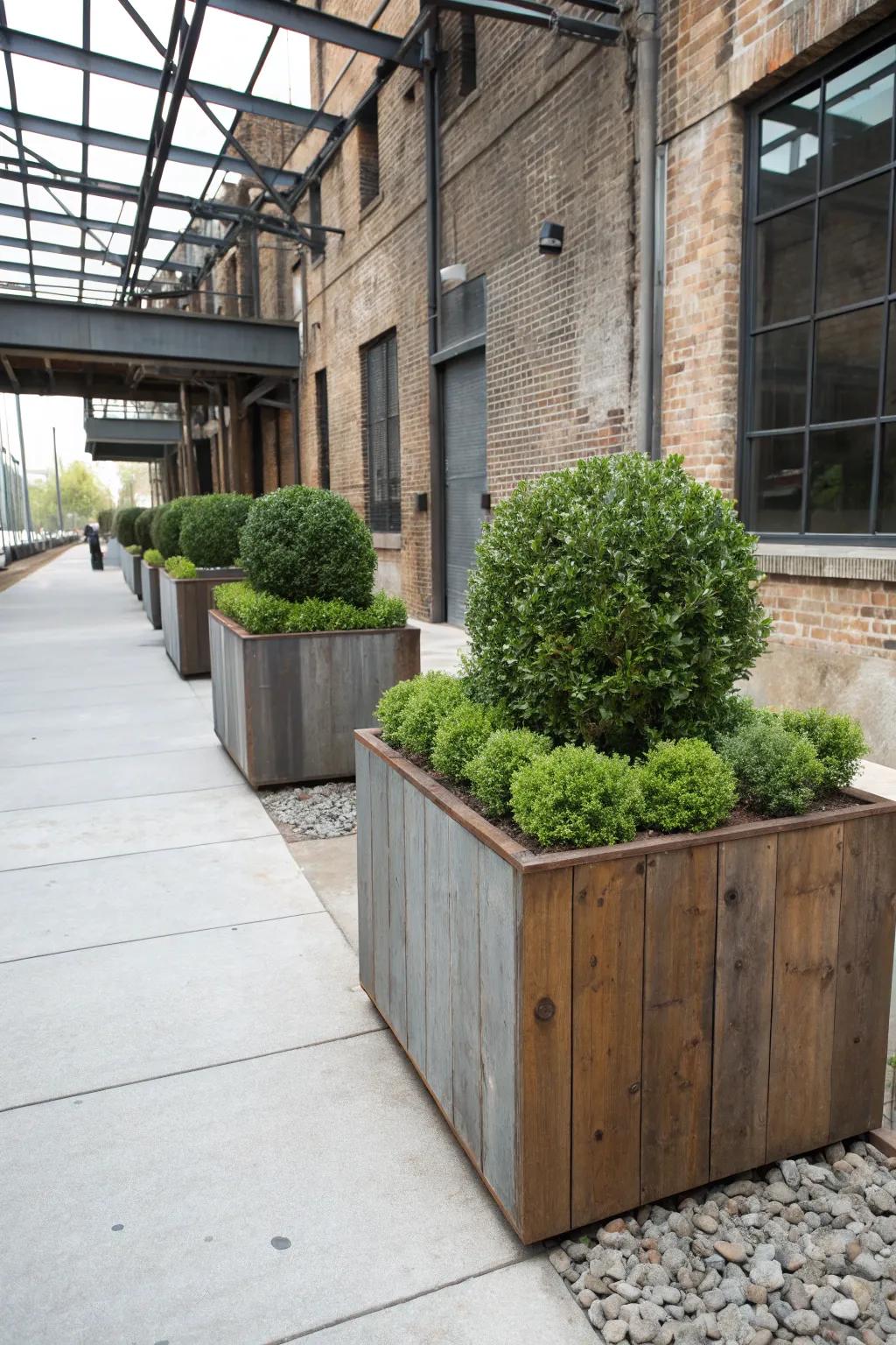 Unconventional materials give boxwood planters an industrial edge.