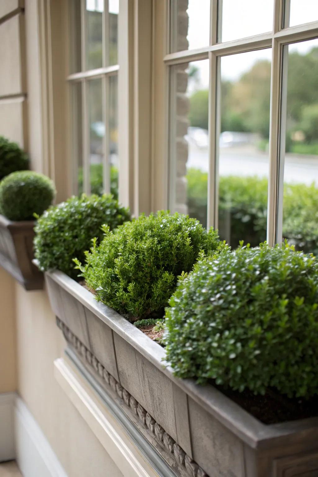 Window boxes with boxwoods bring nature to your windowsill.