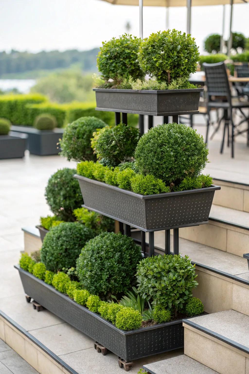 Tiered planters add dimension to boxwood displays.