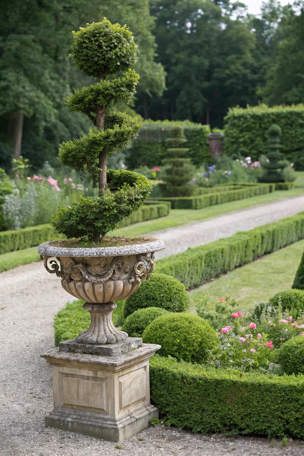 Topiary artistry with boxwoods adds a creative touch to any garden.