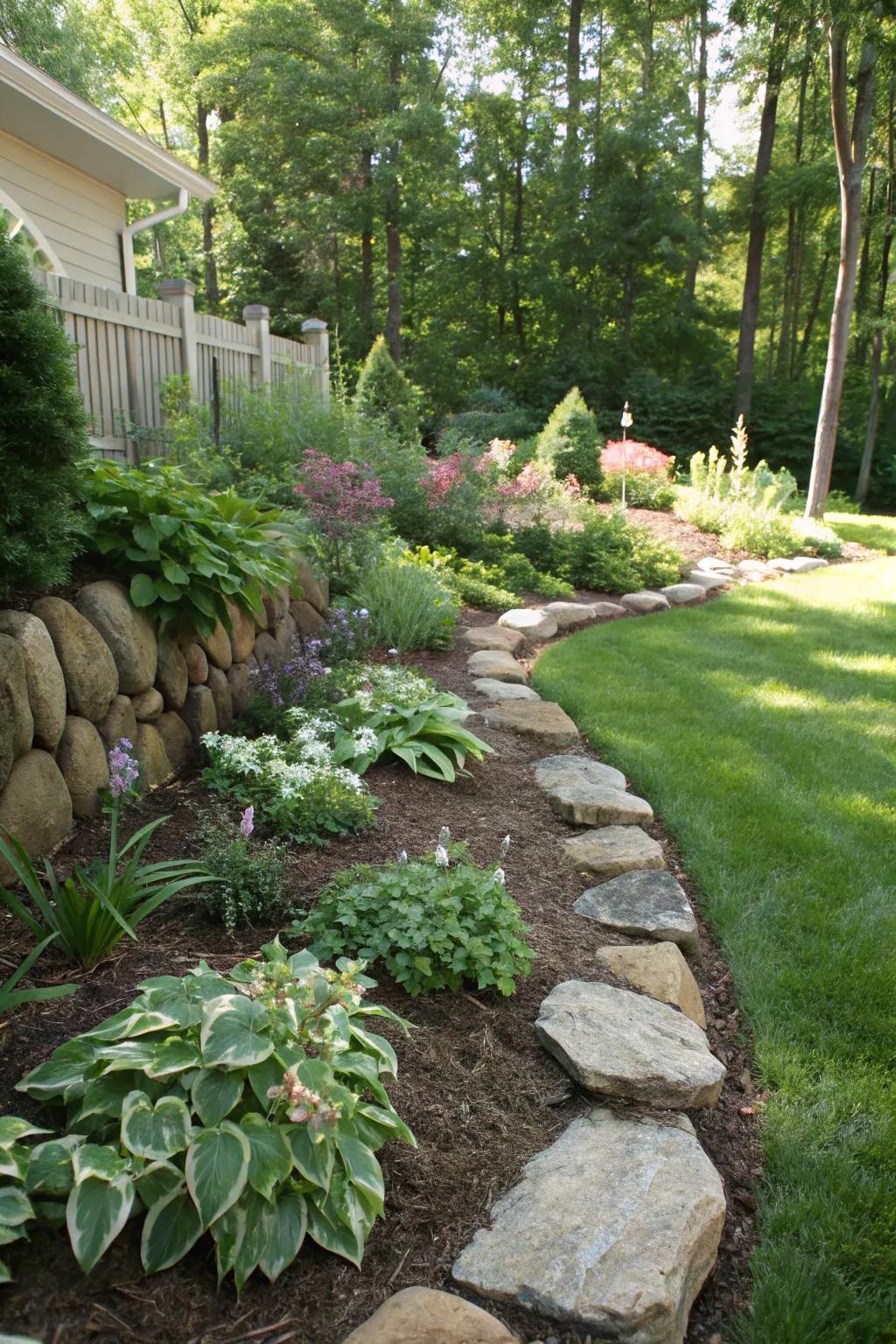Enhance your garden with mulch and stone for a clean, polished look.