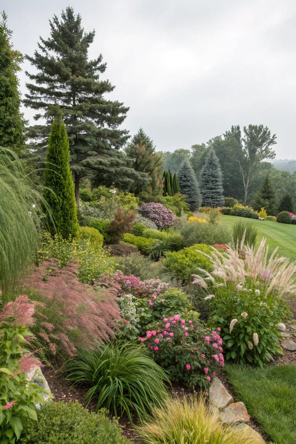 Enjoy year-round beauty with a diverse mix of greenery.