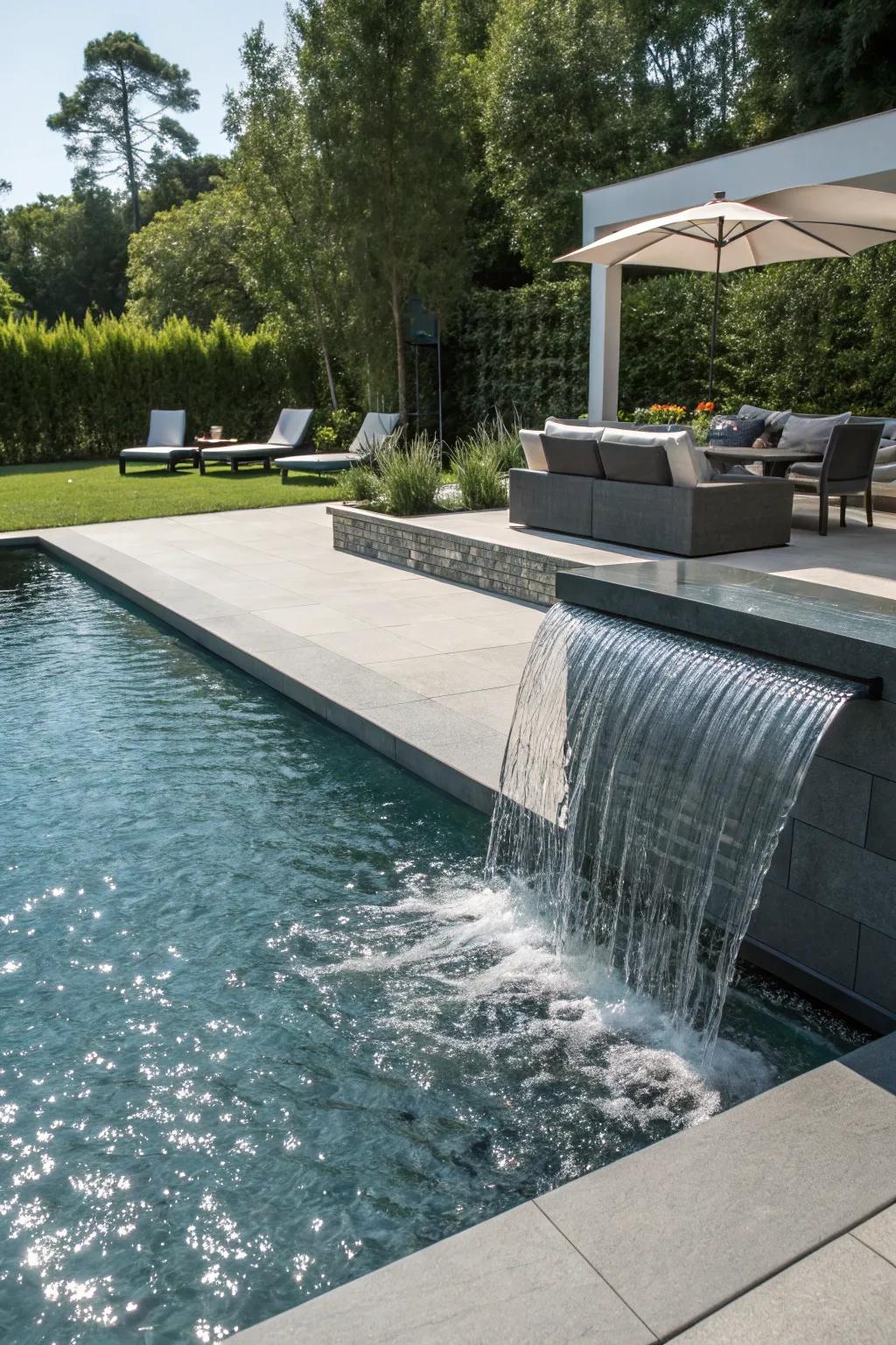 A sleek waterfall wall adds a touch of elegance to any pool.