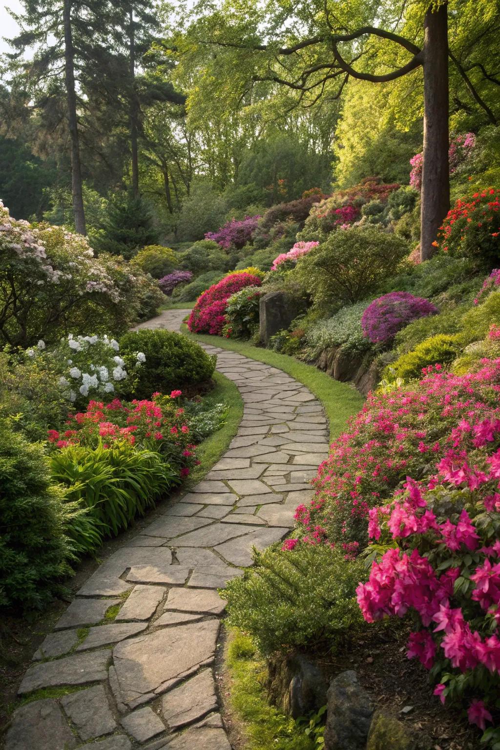 Natural stone pathways add rustic charm and invite exploration.
