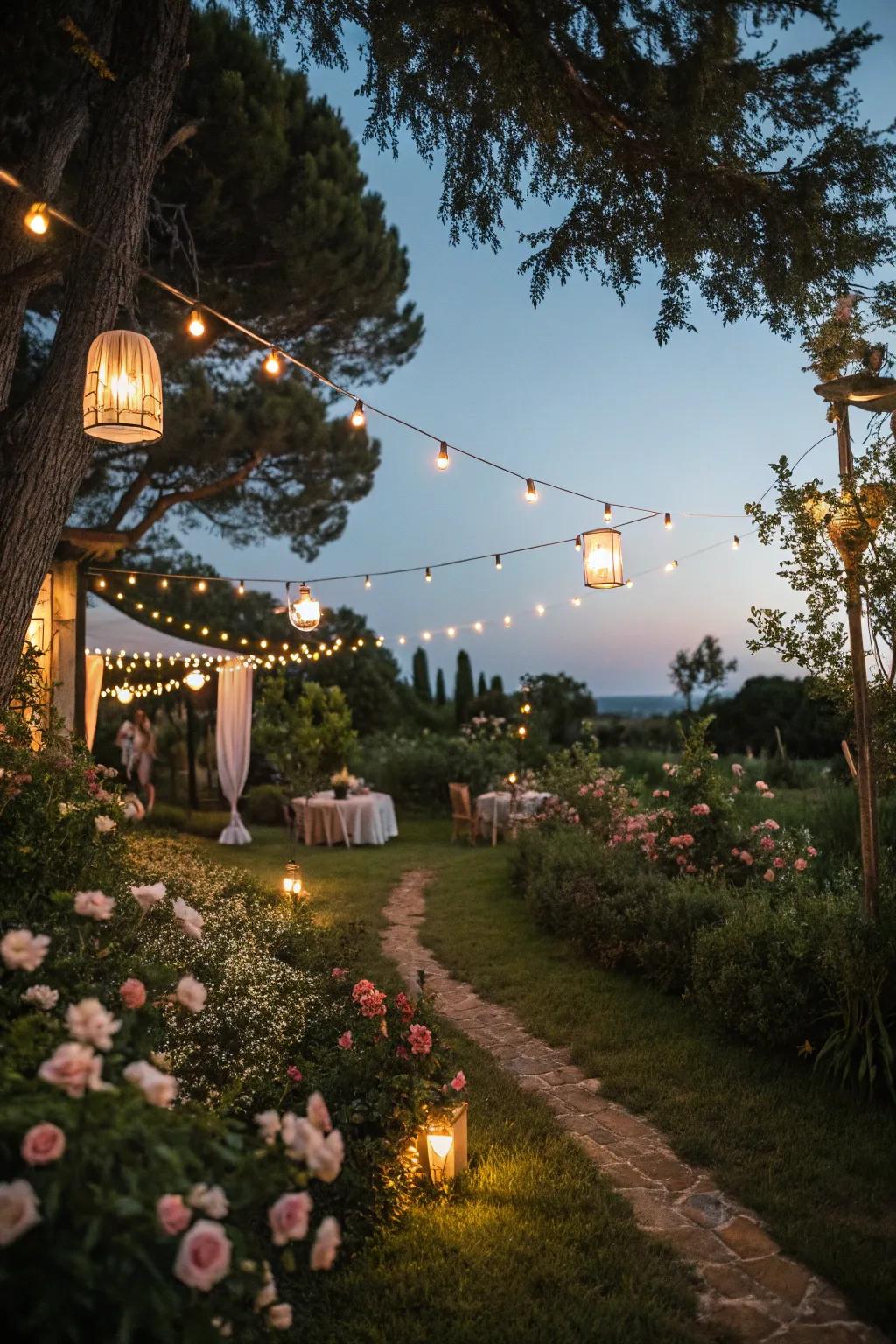 Ambient lighting transforms your garden into a magical nightscape.