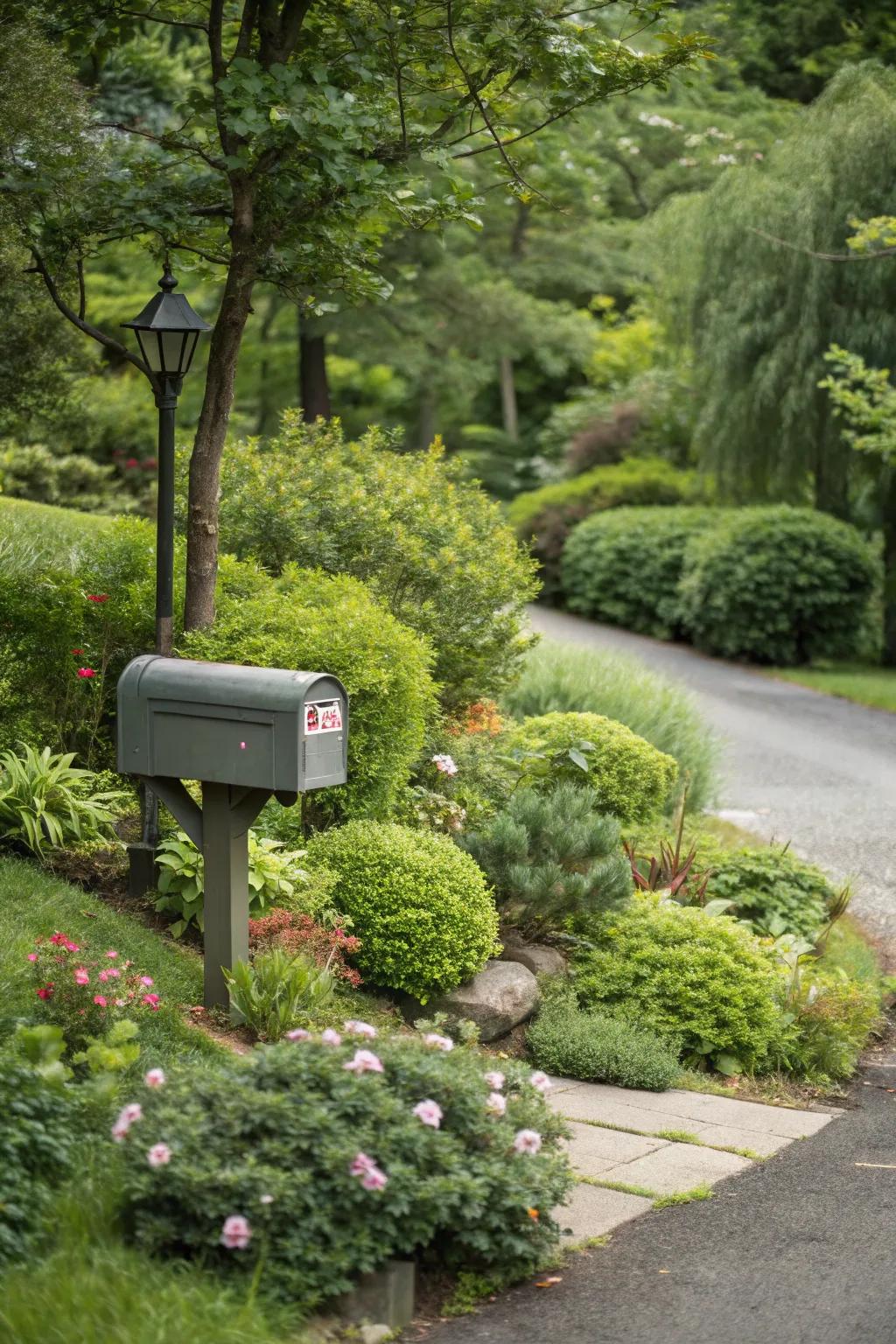 A mailbox surrounded by lush greenery and small bushes.