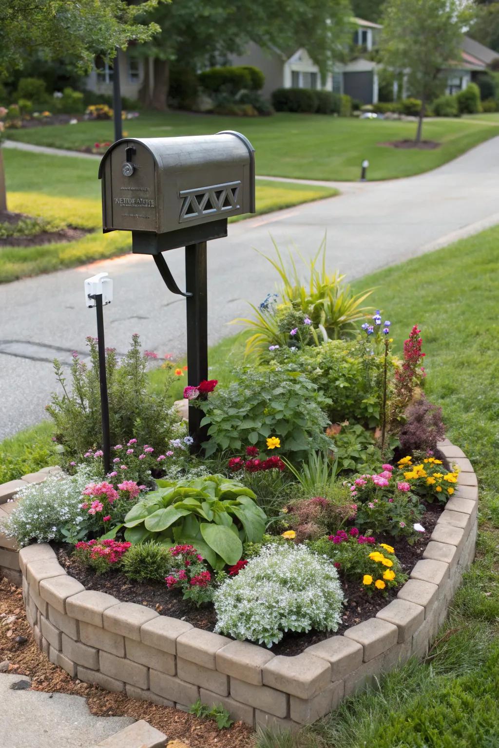 A raised flower bed adding dimension to a mailbox landscape.