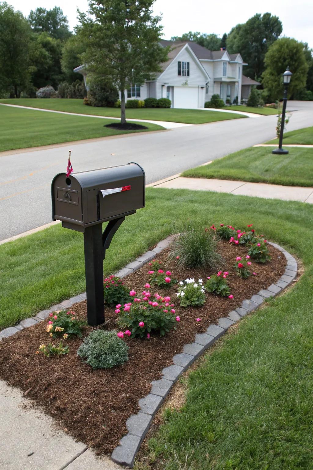 A mailbox with a tidy mulched area and crisp edging.