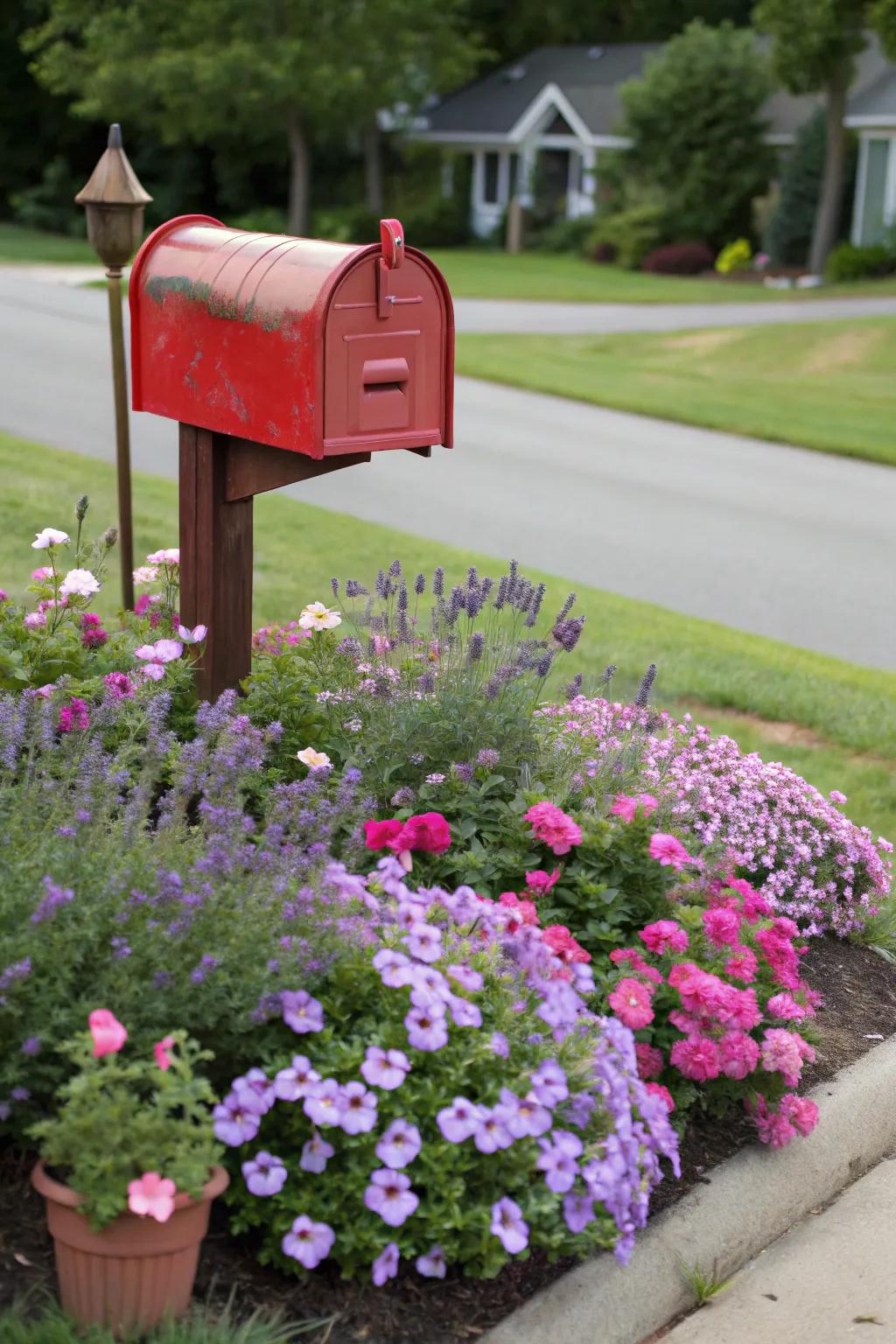 A mailbox surrounded by a vibrant flower bed with petunias and lavender.