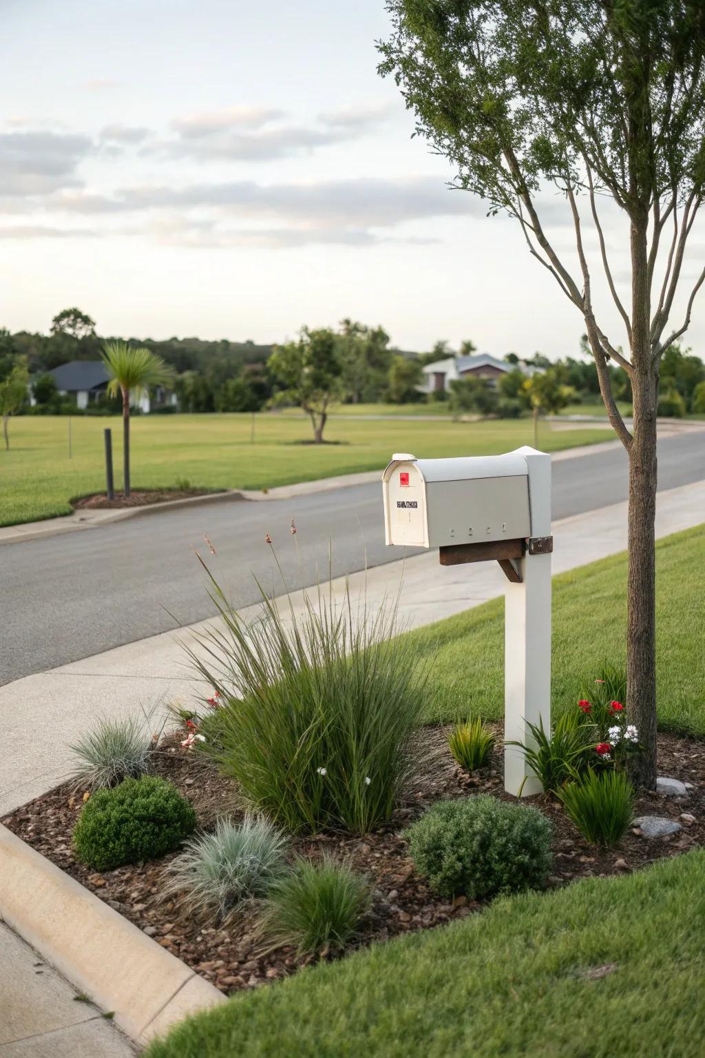 A simple, minimalistic mailbox landscape with selected plants.