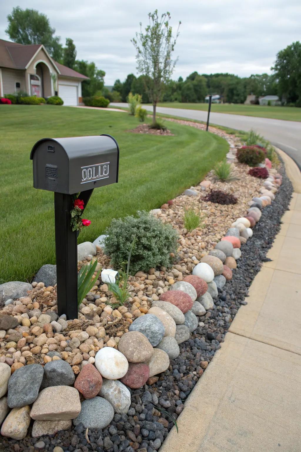 Decorative stones creating an elegant border around a mailbox.