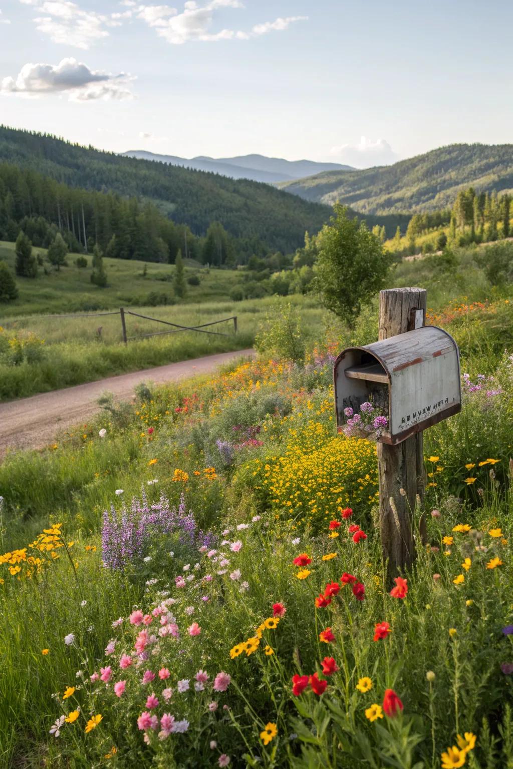A mailbox surrounded by vibrant wildflowers creating a natural charm.