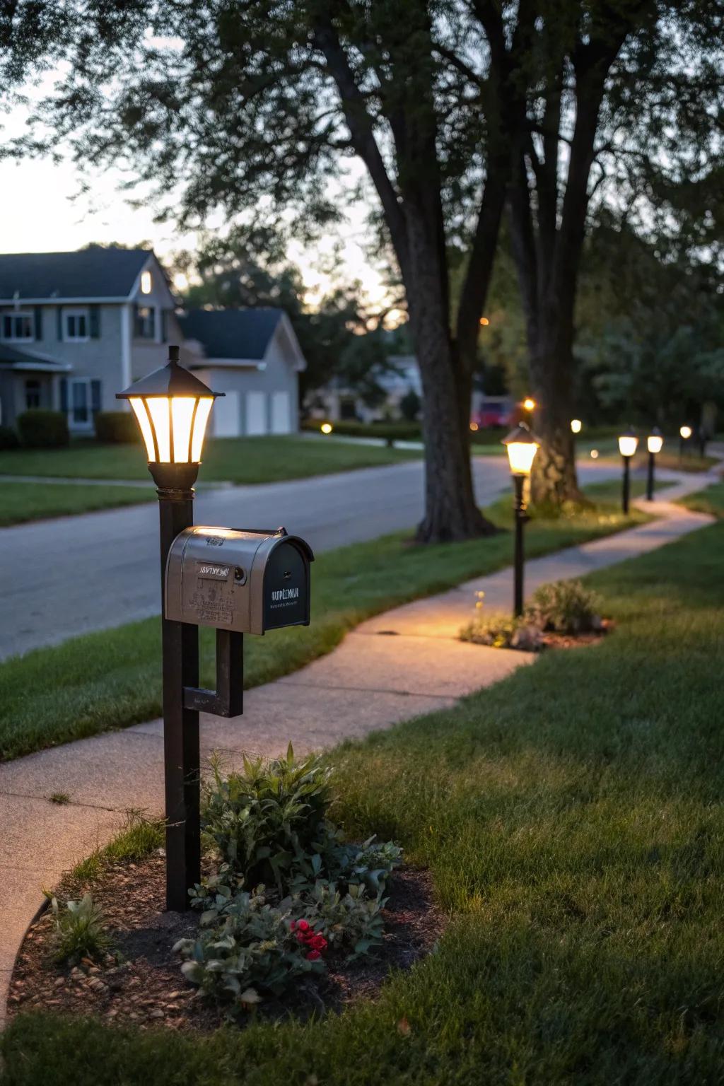 Solar-powered lights providing a warm glow around a mailbox.