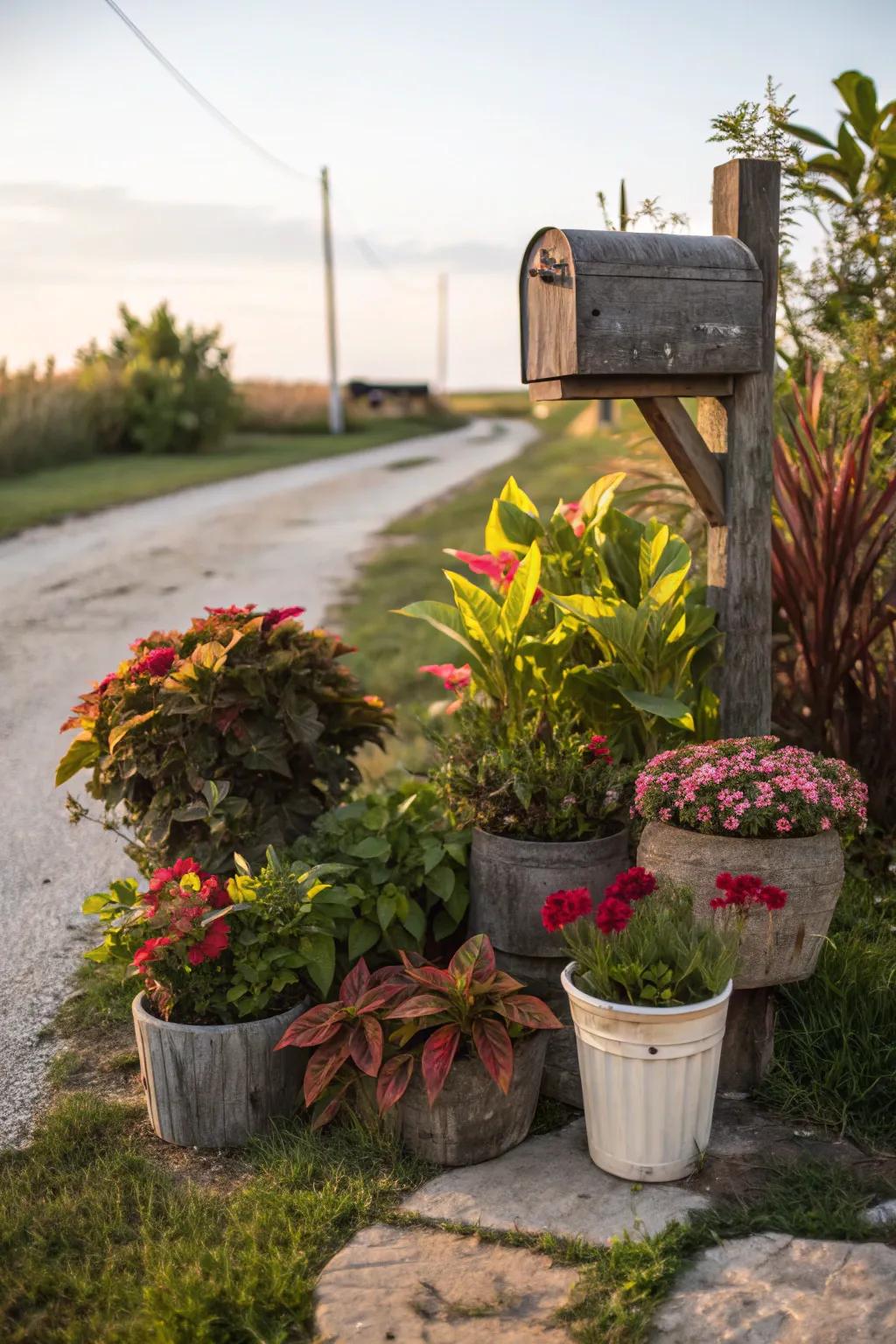 A dynamic, artful arrangement of potted plants by a mailbox.